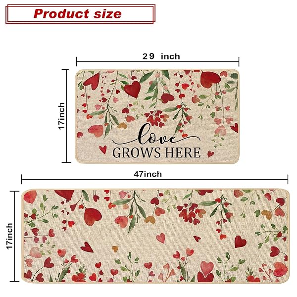 BACCESSOR VALENTINES DAY KITCHEN MATS SET OF 2, FLORAL LEAF RED LOVE HEART KITCHEN RUGS ROMANTIC KITCHEN MATS FOR FLOOR NON SLIP ANNIVERSARY WEDDING PARTY HOME DECOR 17X29 AND 17X47 INCH