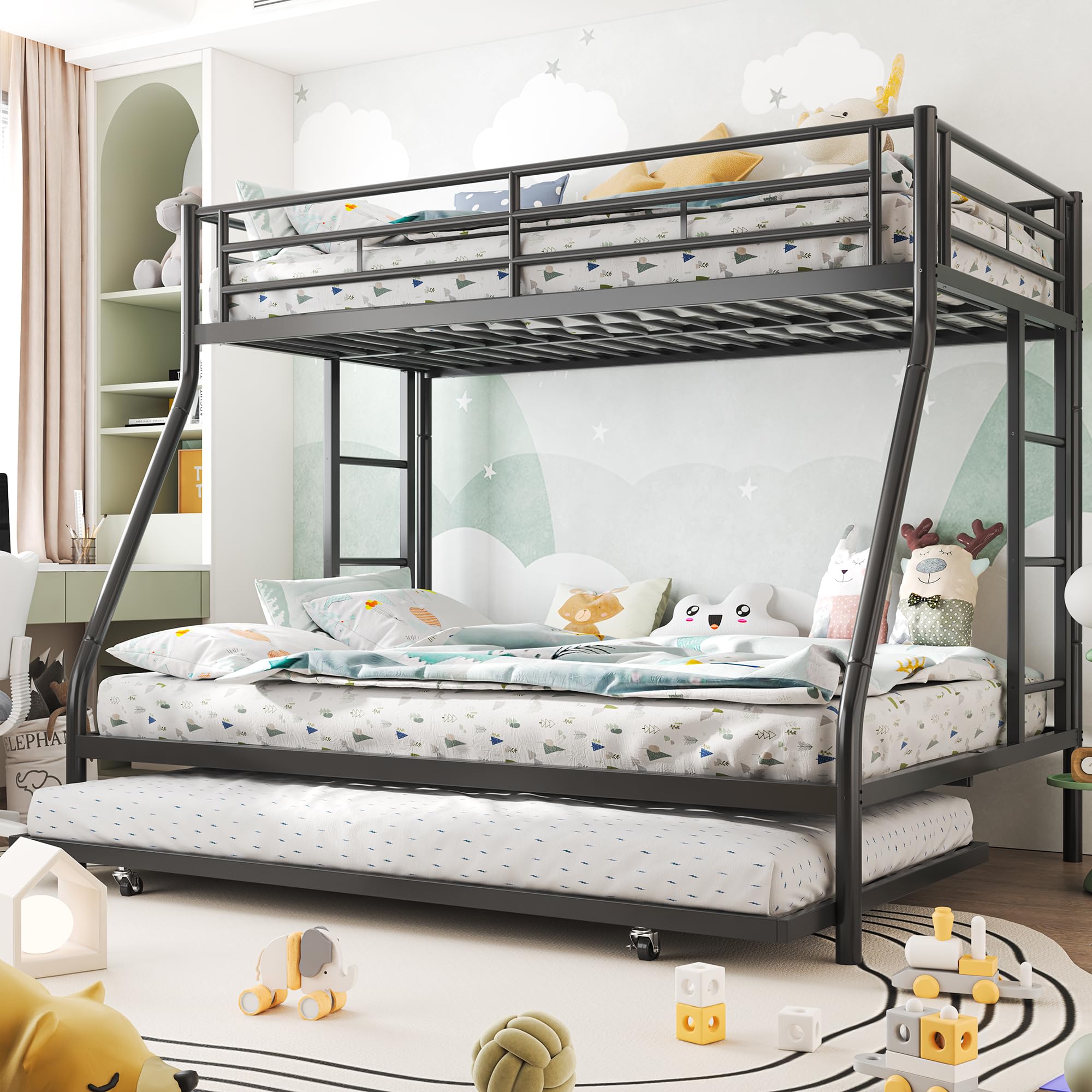 Photo 1 of UNKNOWN BED SIZE
Shintenchi Bunk Bed Twin Over Full Size with Trundle, Heavy-Duty Twin&Full Frame with Full-Length Guardrail and Two Ladders, Triple for Kids, Teens and Adults, Space-Saving, Black