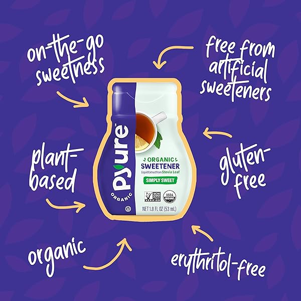 PYURE ORGANIC STEVIA LIQUID SWEETENER KETO SUGAR SUBSTITUTES, ZERO CALORIE, ZERO SUGAR, ZERO CARB, PLANT-BASED SUGAR FREE LIQUID STEVIA EXTRACT, SIMPLY SWEET, 1.8 OZ