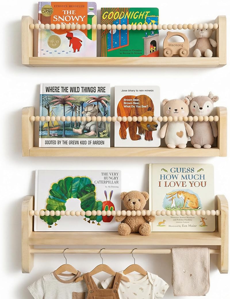 Mazjoaru 40cm Nursery Shelves Set of 3 Pine Wood Wall Shelves
