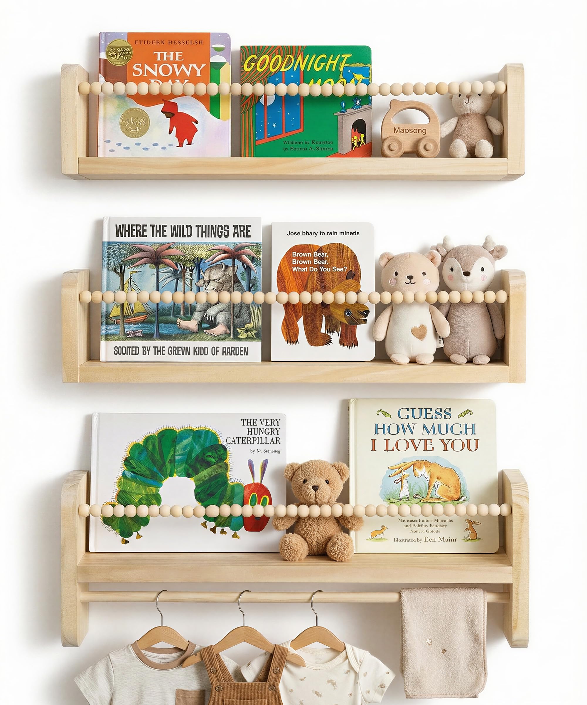 Mazjoaru Nursery Shelves Floating Book Shelf for Wall, Kids Shelves for Bedroom Baby Bookshelf Decor, Solid Wood Small Shelving Organizer With Wooden Bead Design 40cm Set of 3
