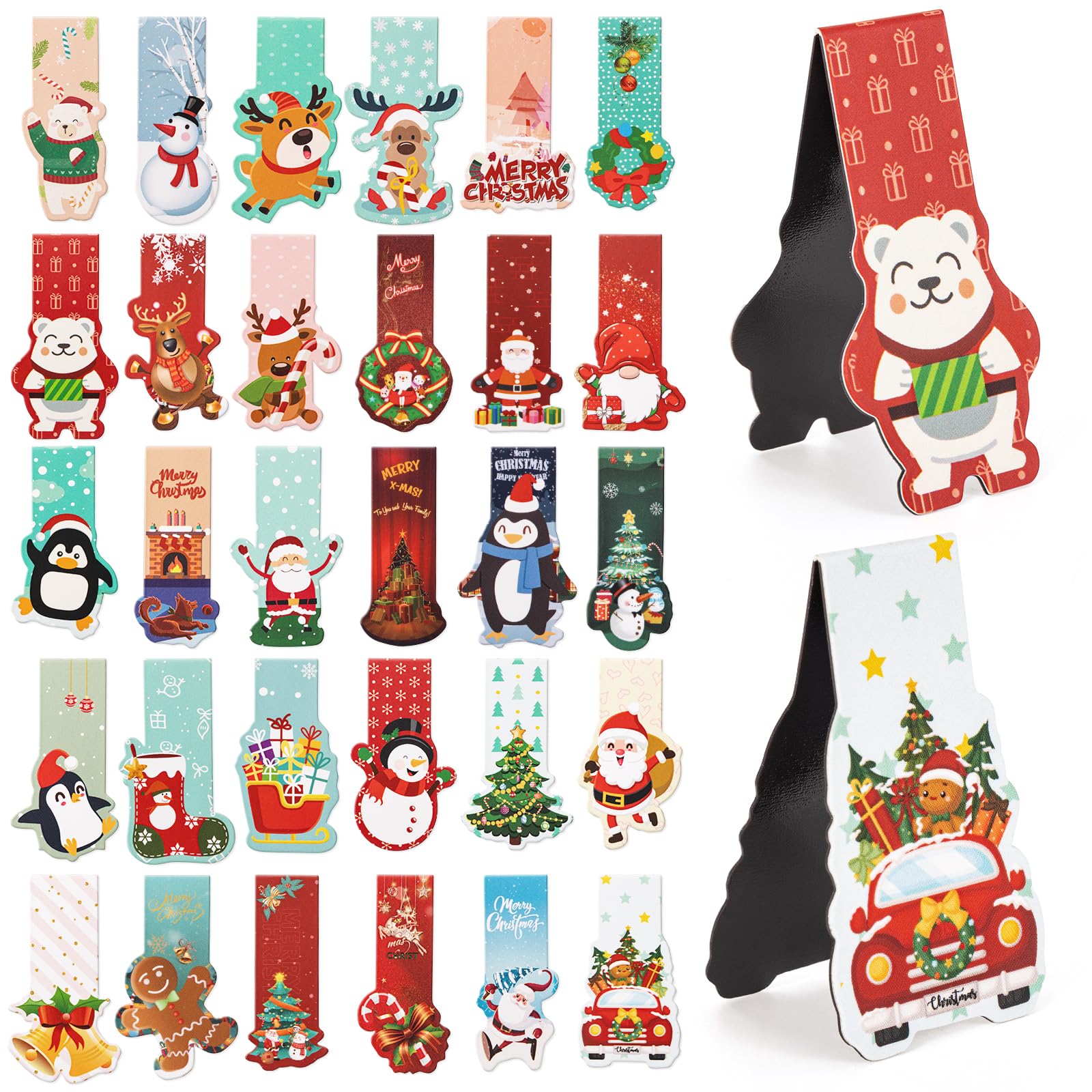 JSRQT 30 Pack Christmas Magnetic Bookmarks Book Marks for Students Lovers Gifts Xmas Assorted Clip Cartoon Festive Seasonal Page Markers — image 1