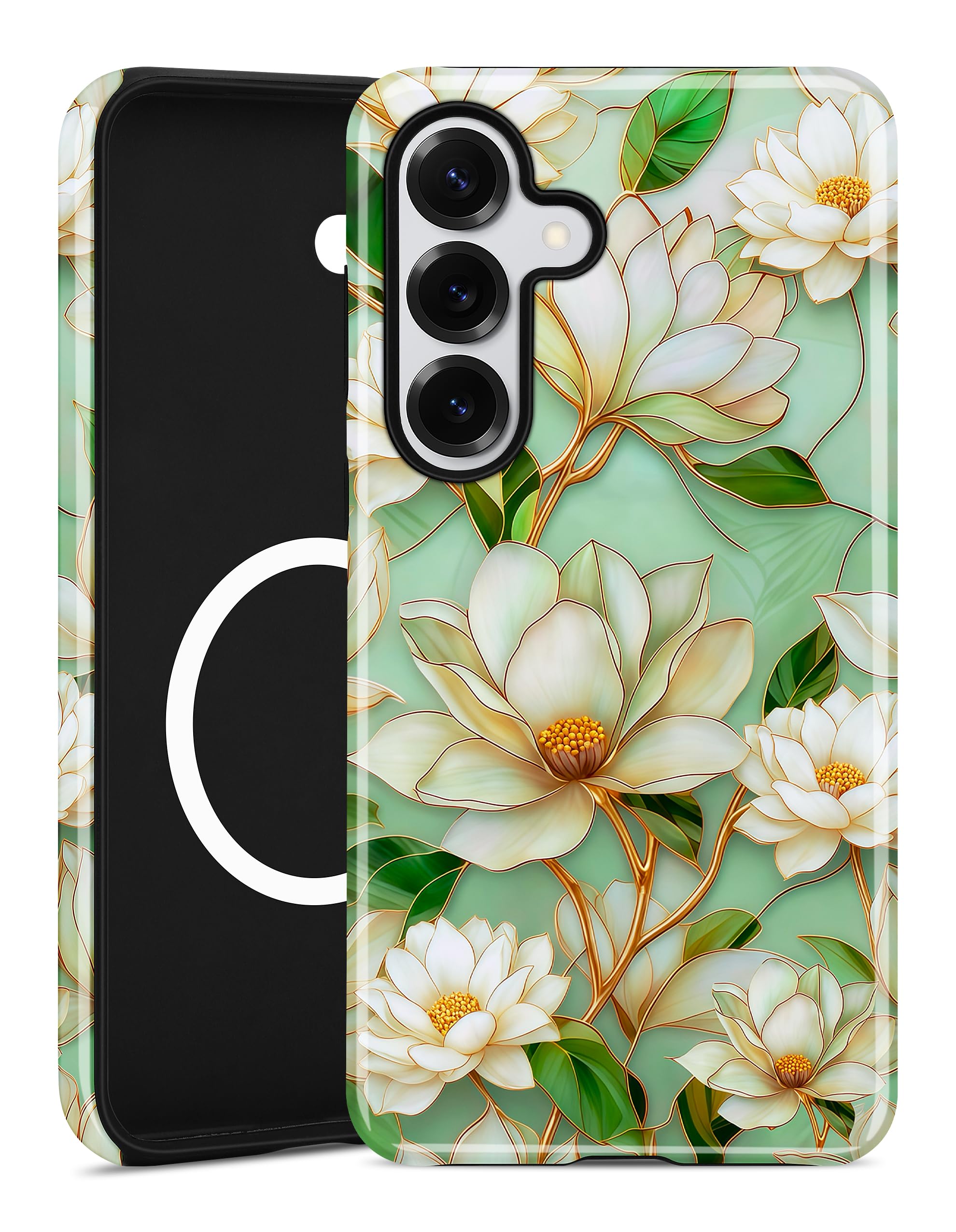Photo 1 of Aitipy Compatible with MagSafe Case for Samsung Galaxy S25, Cute Flower Aesthetic Stained Glass White Floral Magnetic Soft TPU and Hard PC Protective Phone Cover for Women Girls