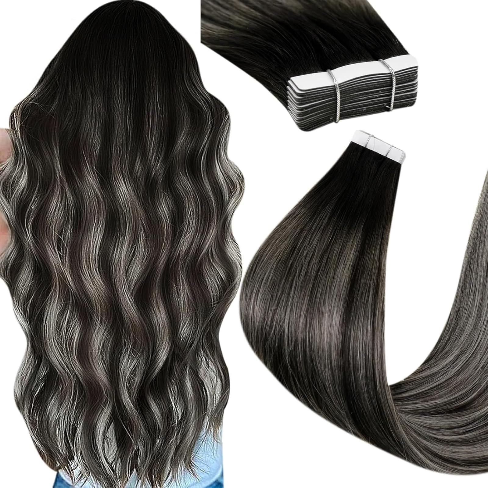 Photo 1 of Tape in Hair Extensions Human Hair Invisible Tape in Extension Human Hair Balayage Balck to Silver 16Inch 20Pcs 50g