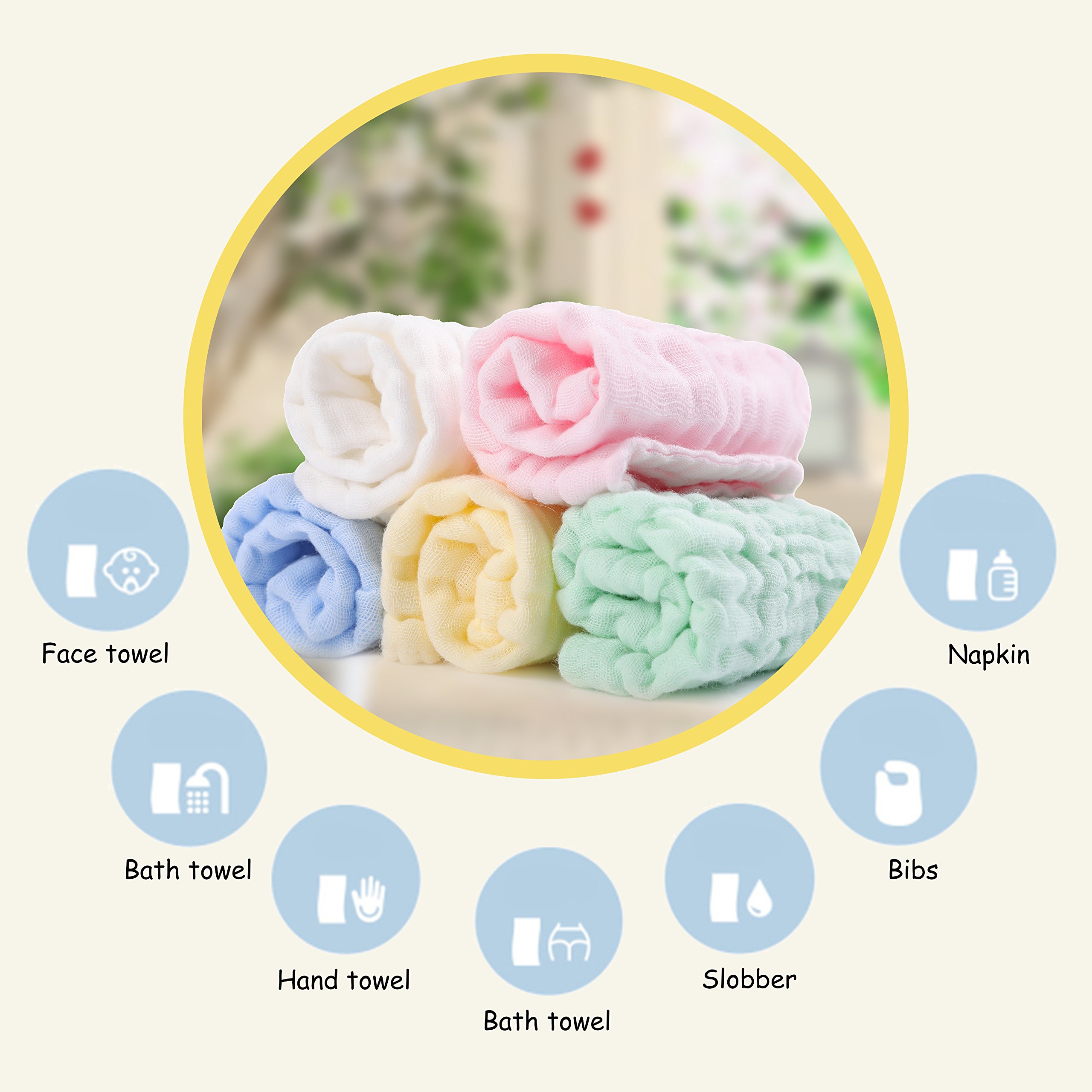 Baby Washcloths - Natural Organic Baby Newborn Face Towel Pure Muslin Cotton Washcloths Absorbent Baby Wipes - Soft Bath Towel for Sensitive Skin Baby Registry as Shower Gift 5 Packs by KRRAMEL