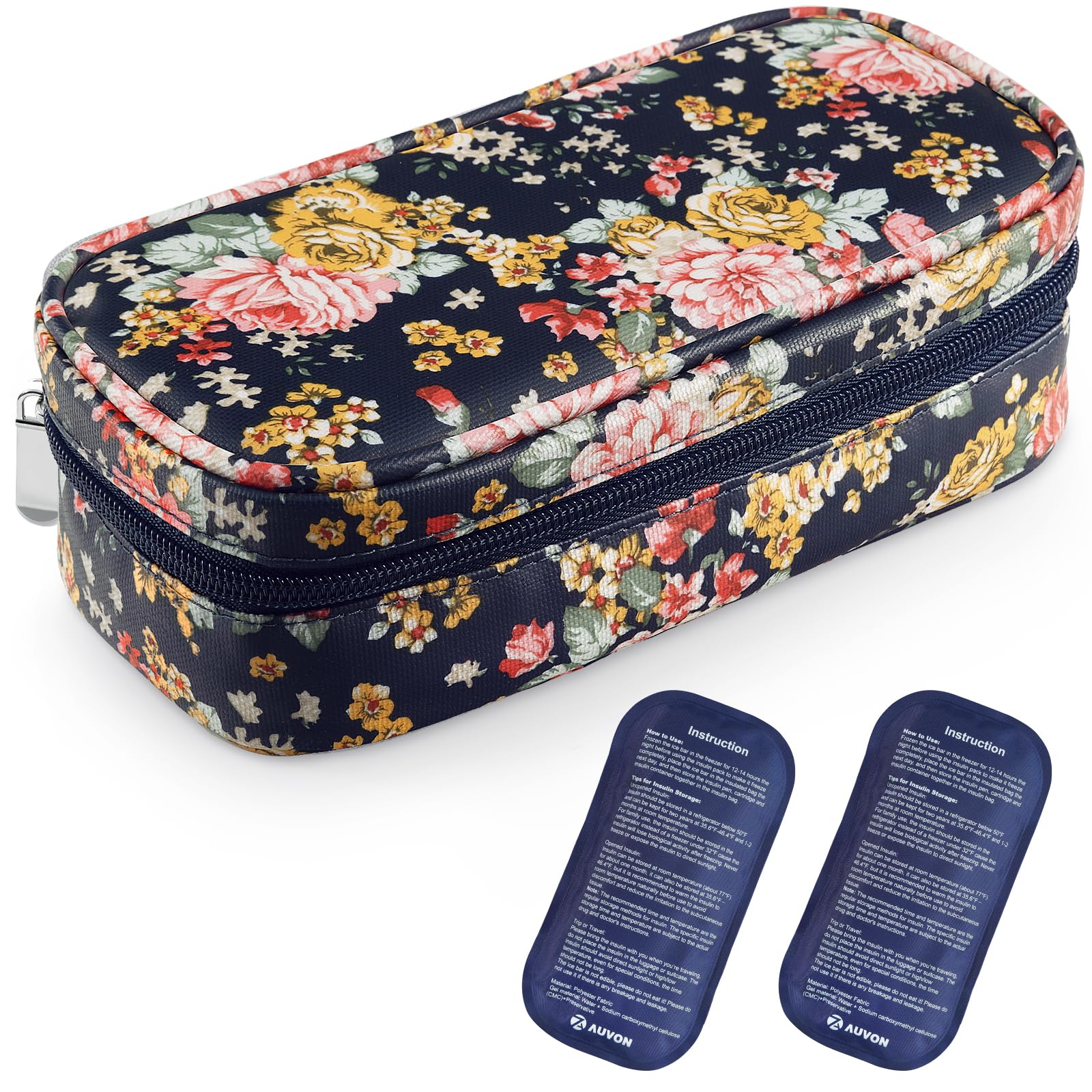 AUVON Portable Insulin Cooler Travel Case, Floral Insulated Diabetic Bag with 2 x 160g Ice Packs for 6-8h Cooling, Medication Cooler Bag for Insulin Pens and Blood Glucose Monitor, Diabetic Supplies