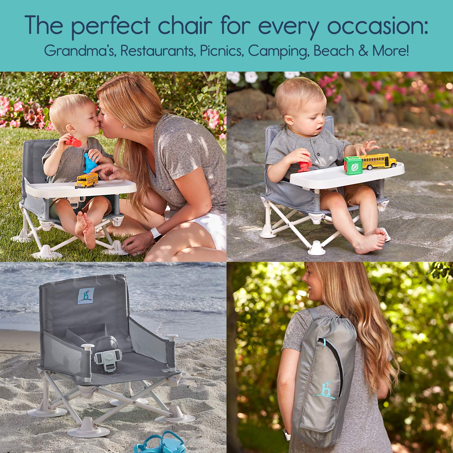 hiccapop Omniboost Travel Booster Seat with Tray for Baby | Folding Portable High Chair for Eating, Camping, Beach, Lawn, Grandma’s | Tip-Free Design Straps to Kitchen Chairs - Go-Anywhere High Chair : Baby