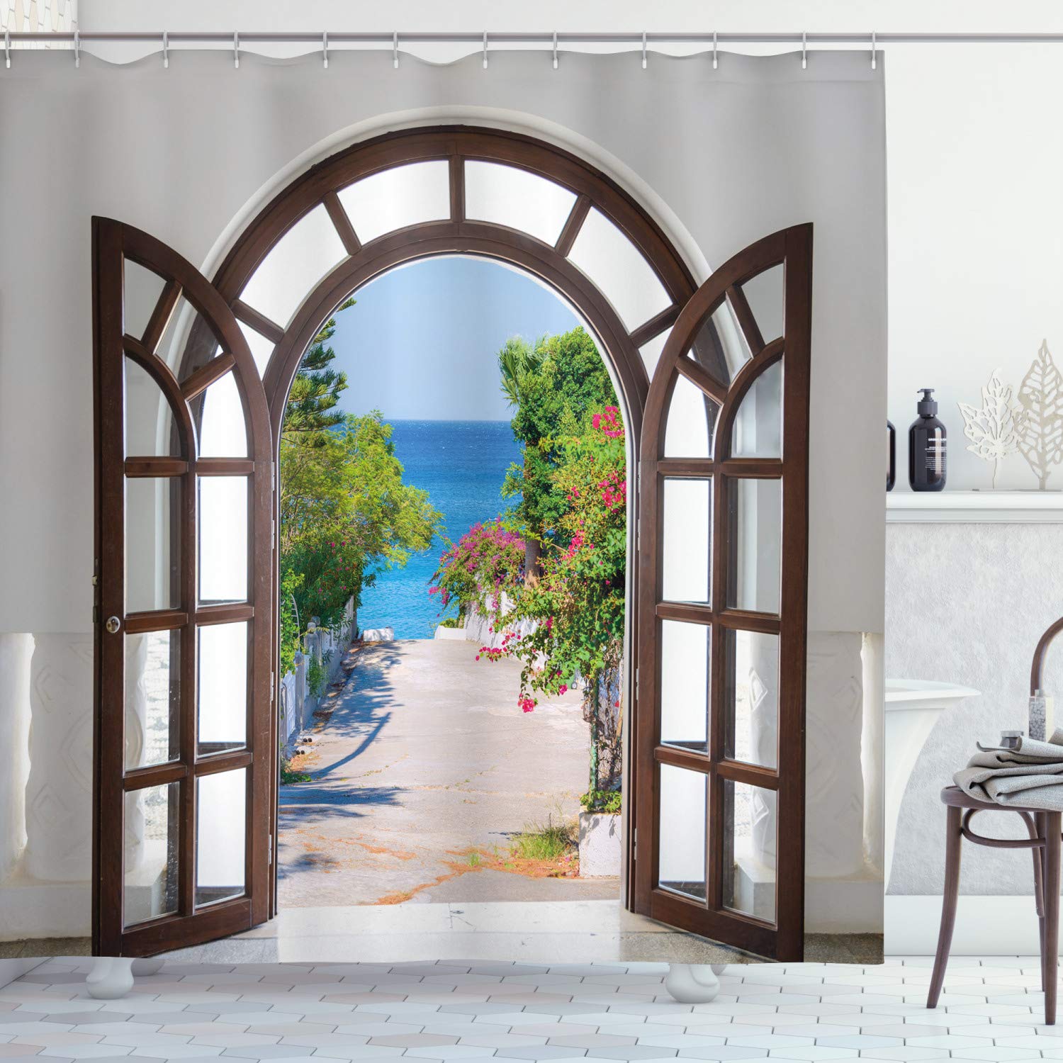 ABAKUHAUS Beach Shower Curtain, Ocean Sea View from Summer Season Italian Design in Garden Image, Cloth Fabric Bathroom Decor Set with Hooks, 94 Inches, Pale Blue White — image 1