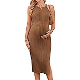 Ekouaer Maternity Dress Rib Knit Side Slit Stretchy Bodycon Pregnancy Dresses Halter Neck Sleeveless Pregnant Clothes