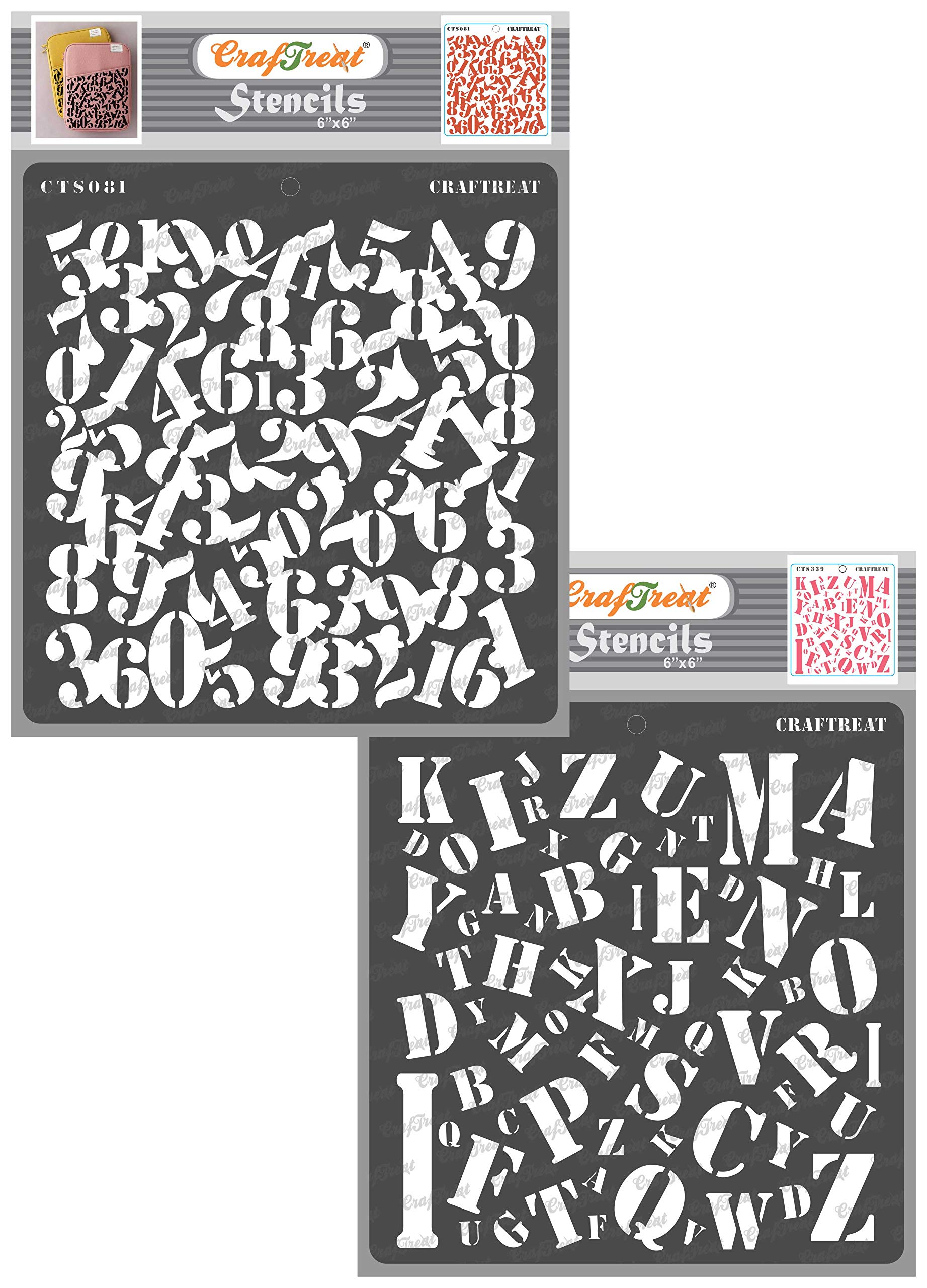 CrafTreat Reusable Letter and Number Stencils for Painting on Wood, Paper, Fabric and Wall - Numeric and Alphabets Stencil - 2 pcs - 6x6 Inch - DIY Art and Craft Stencils for Letters and Numbers