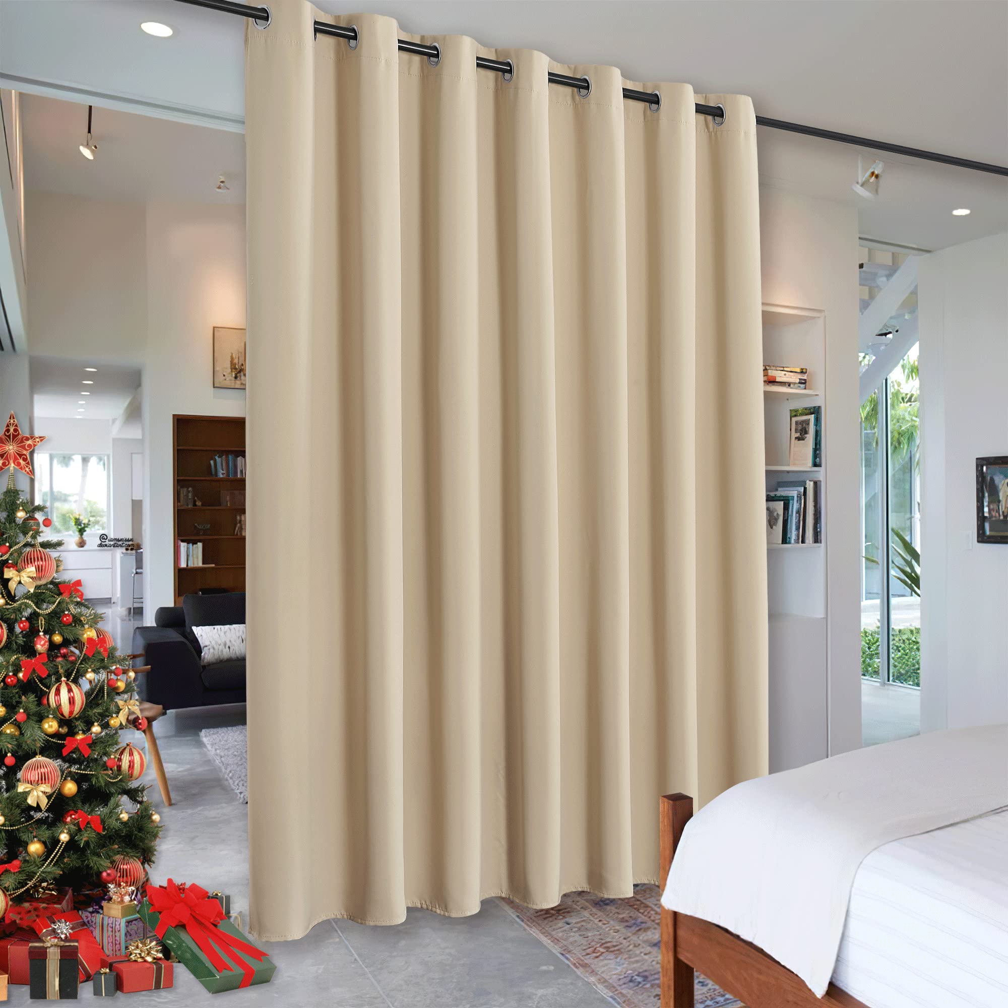 Photo 1 of RYB HOME Privacy Curtain for Sliding Glass Door, Light Block Noise Reduce Insulated Curtain Screen Ceiling to Floor for Locker Room Basement Bedroom Closet, 100 inch Wide x 96 inch Long, Cream Beige