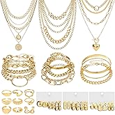 NEWITIN 44 Pieces Chunky Gold Jewelry Set for Women Fashion Costume Jewelry Gold Plated Chunky Necklace Chain Bracelet Ring Hoop Earrings Set for Women