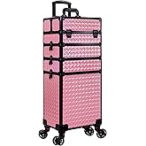 AROUS 5 in 1 Rolling Makeup Train Case Cosmetology Case on Wheels Large Cosmetic Organizer Travel Cart for Hairstylist Artist Nail Beauty Salon Barber,Pink