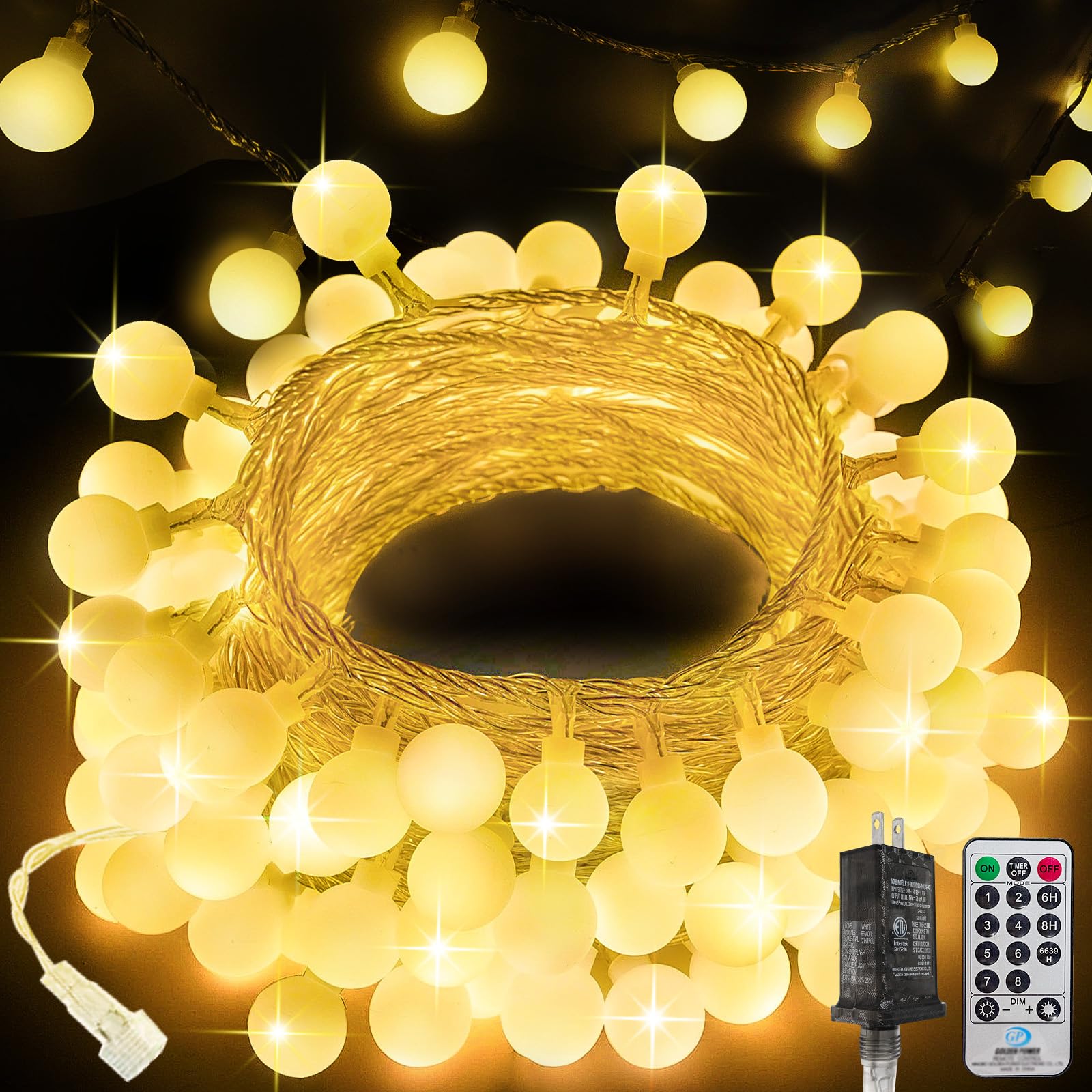 Photo 1 of 200LED Connectable String Lights Indoor Outdoor for Bedroom, 66ft Fairy Lights with Remote & Timer, Plug in 8 Modes Waterproof Globe Hanging Twinkle Light for Room Classroom Wedding Decor, Warm White