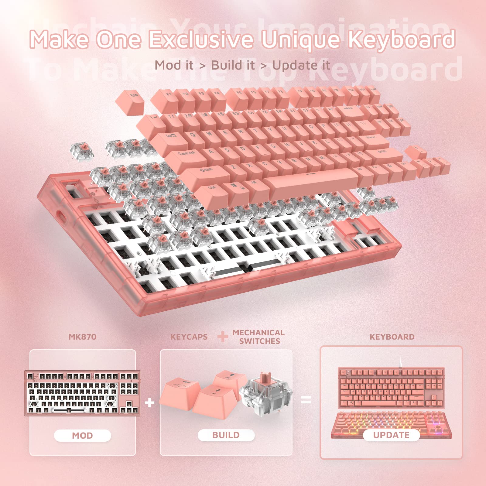 FL ESPORTS MK870 CMMK 87 Keys RGB Modular Mechanical Keyboard, 80% TKL Wired Gaming Keyboard DIY Kit w/Hot-Swap Switch Sockets (5-pin) & Customizable Software Supported (Barebones, Frosted Pink)