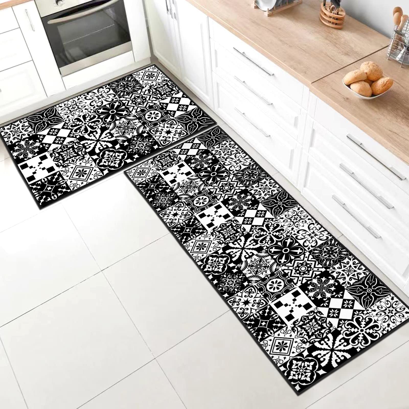 SHUAIG Kitchen Rug Set 2 Piece Non Slip Washable,Kitchen Mat Anti Fatigue Set,kitchen carpets with anti-slip stickers for Home Decoration (Style B, 43x75 + 43x150 cm)