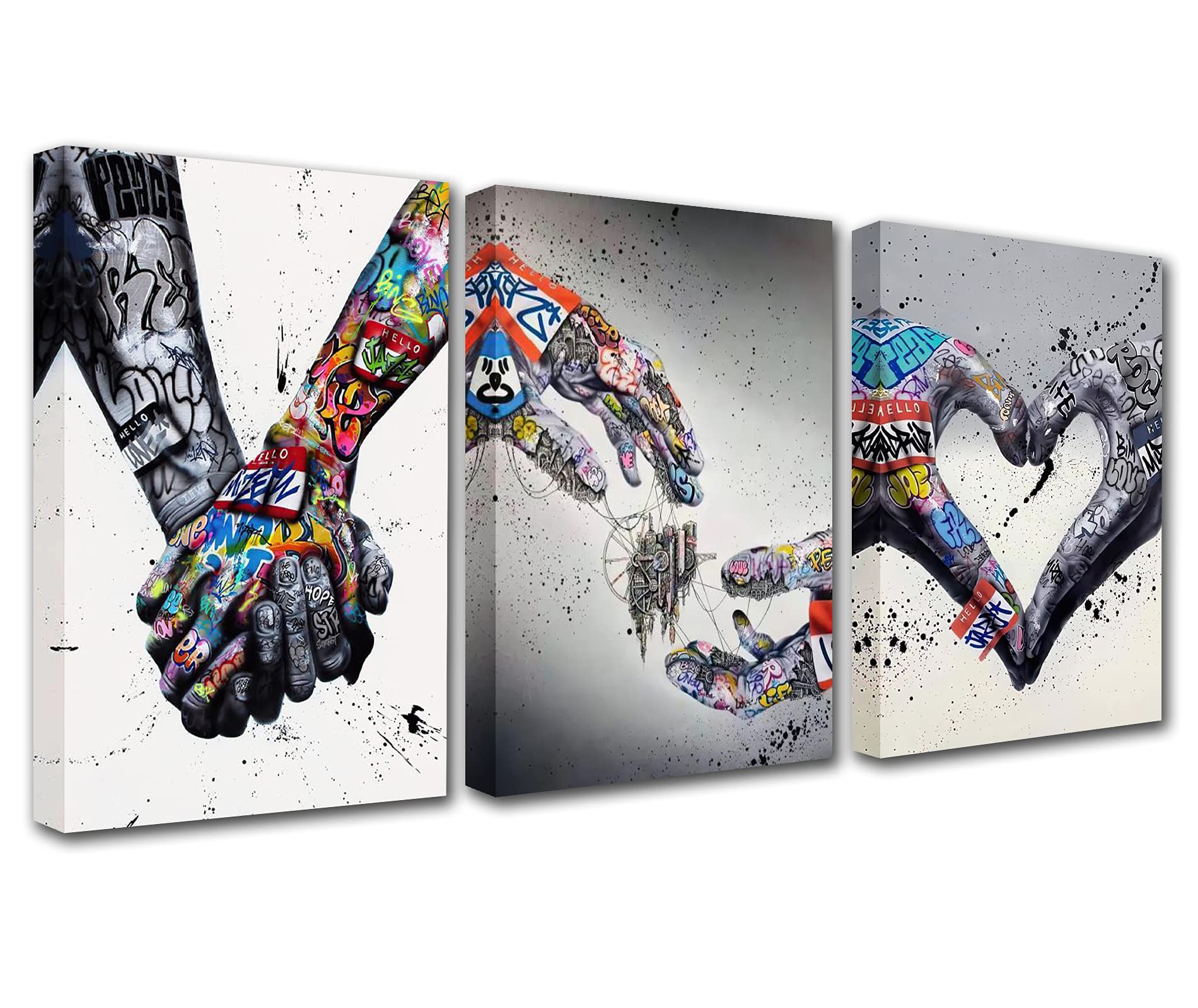 Fist Inspirational Fingers Pictures Holding Hands Art Paintings Banksy Graffiti Artwork Romantic Heart Wall Art 3P Living Room Home Modern Decor Framed Ready to Hang Poster and Prints(42''Wx20''H)
