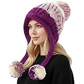 Women Winter Peruvian Cover Ears Beanie Hat Ear Flaps Sherpa Ski Snow Hats Knit Fleece Lined 3 Pom Pom