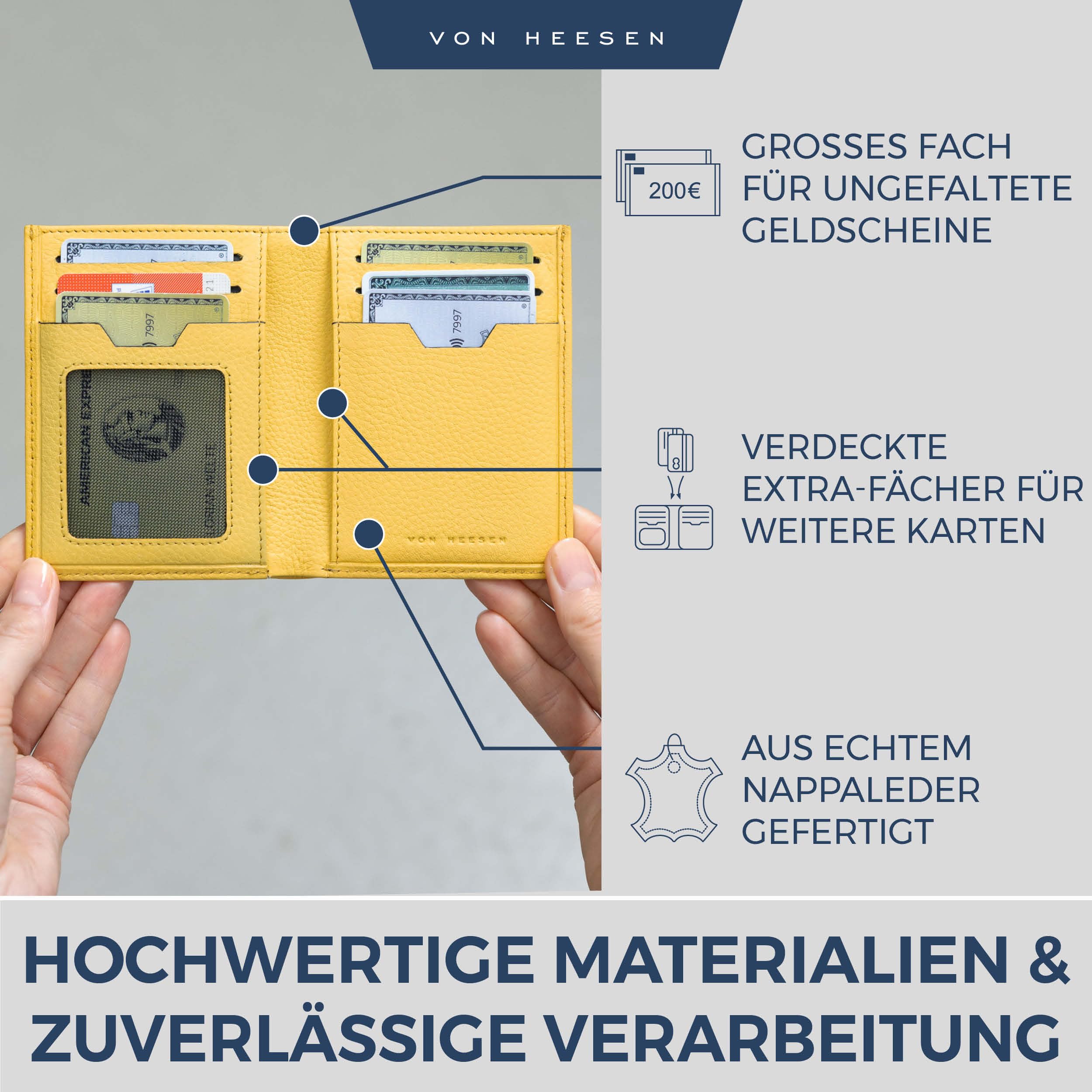 VON HEESEN Leder Geldbörse Herren mit Münzfach & RFID Schutz I Echtleder Geldbeutel für Männer & Damen I Portemonnaie Brieftasche Wallet Portmonee (Gelb, OHNE MÜNZFACH) 3