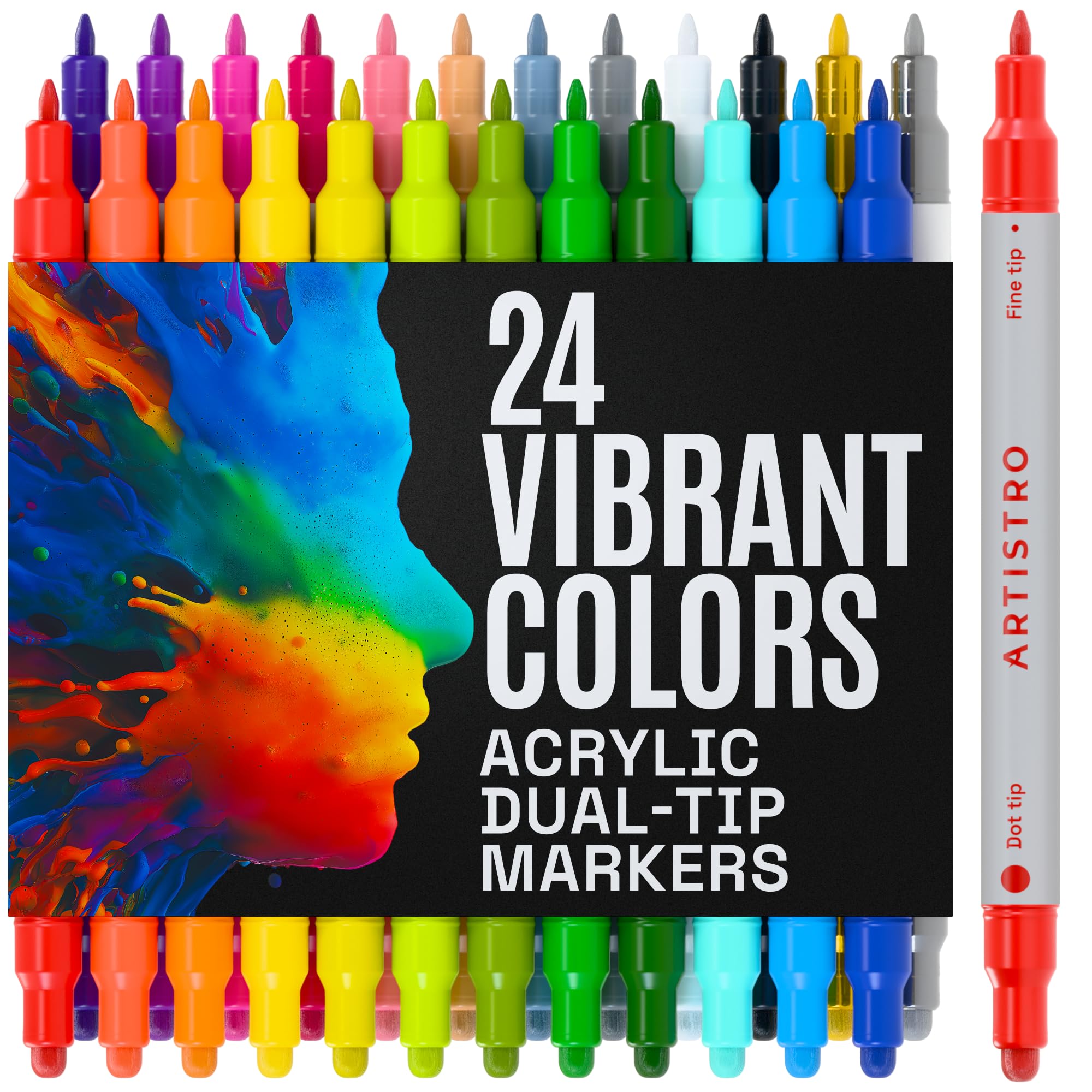 ARTISTRO 24 Acrylic Paint Markers for Rock, Fabric, Wood, Glass, Craft, Decoration - Dual-Tip Paint Pens - Stocking Stuffers, Christmas Gift Idea for Teens, Grandkids, Kids - Art Supplies