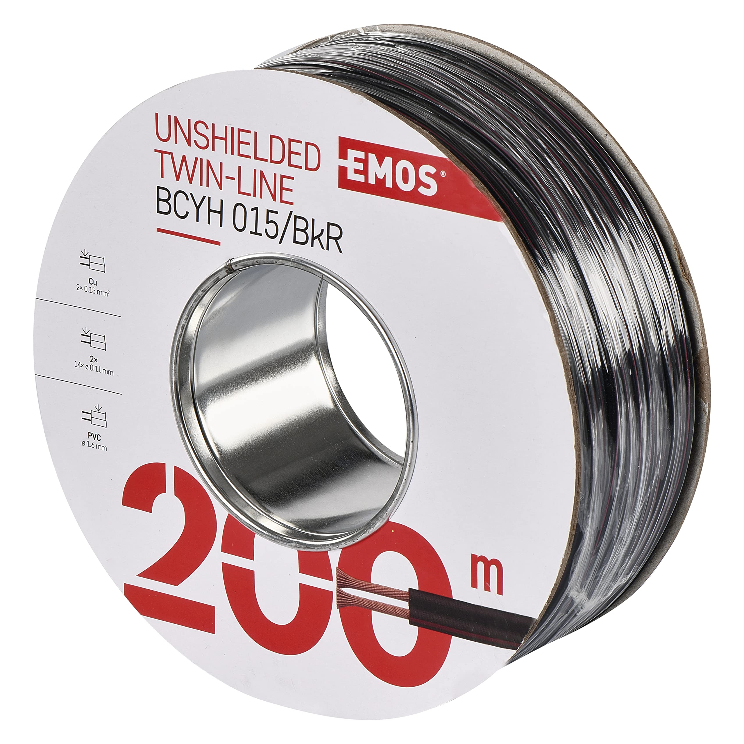 EMOS Copper Cable 2 x 0.15 mm², 200 Metres Pure Copper for Low Voltage, Black with Red Polarity Marking