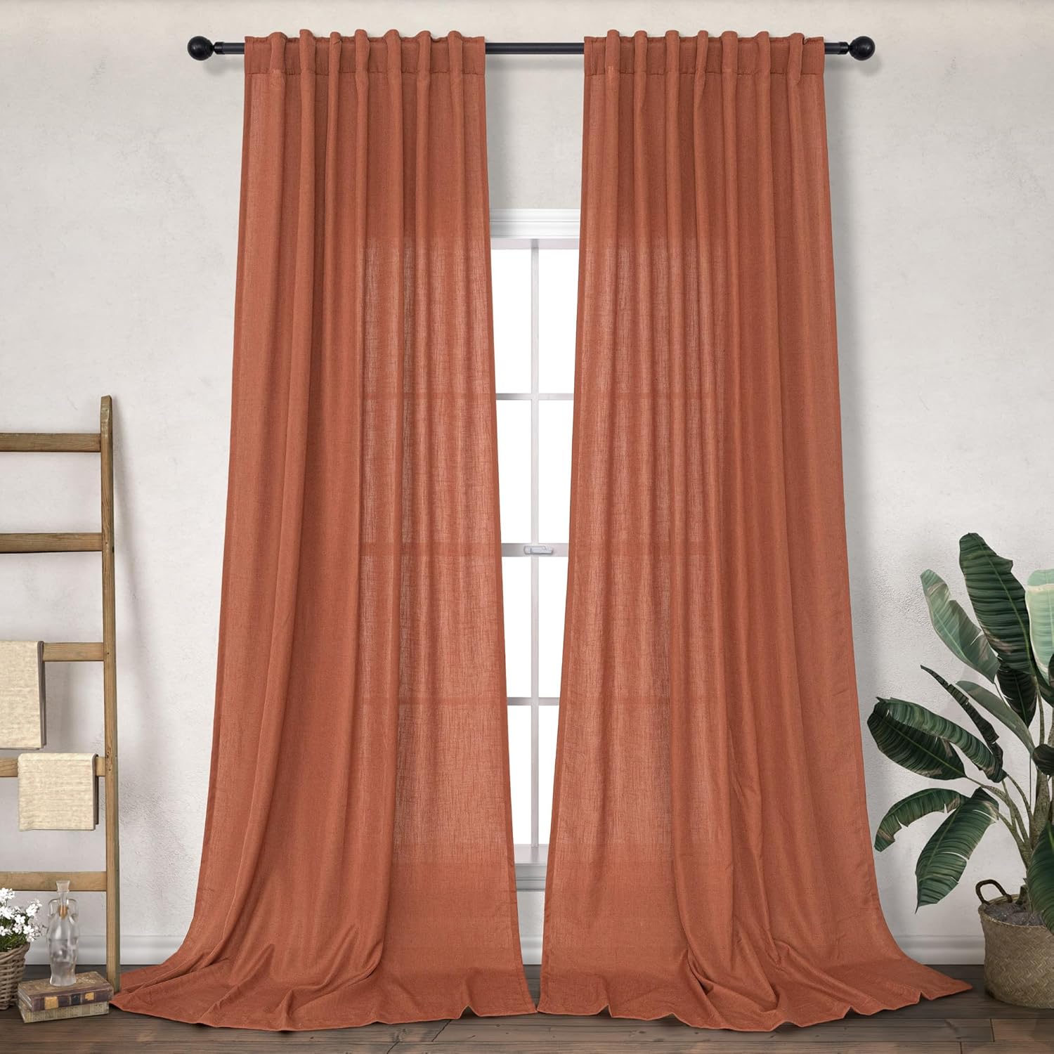 Window Treatments - Terracotta Curtains 84 Inch Length for Living Room 2 Panels Back Tab Pocket Drapes Light Filtering Semi Sheer Flax Linen Rust Curtain for Bedroom Boho Farmhouse Decor Burnt Orange Brown Red 52x84 Long