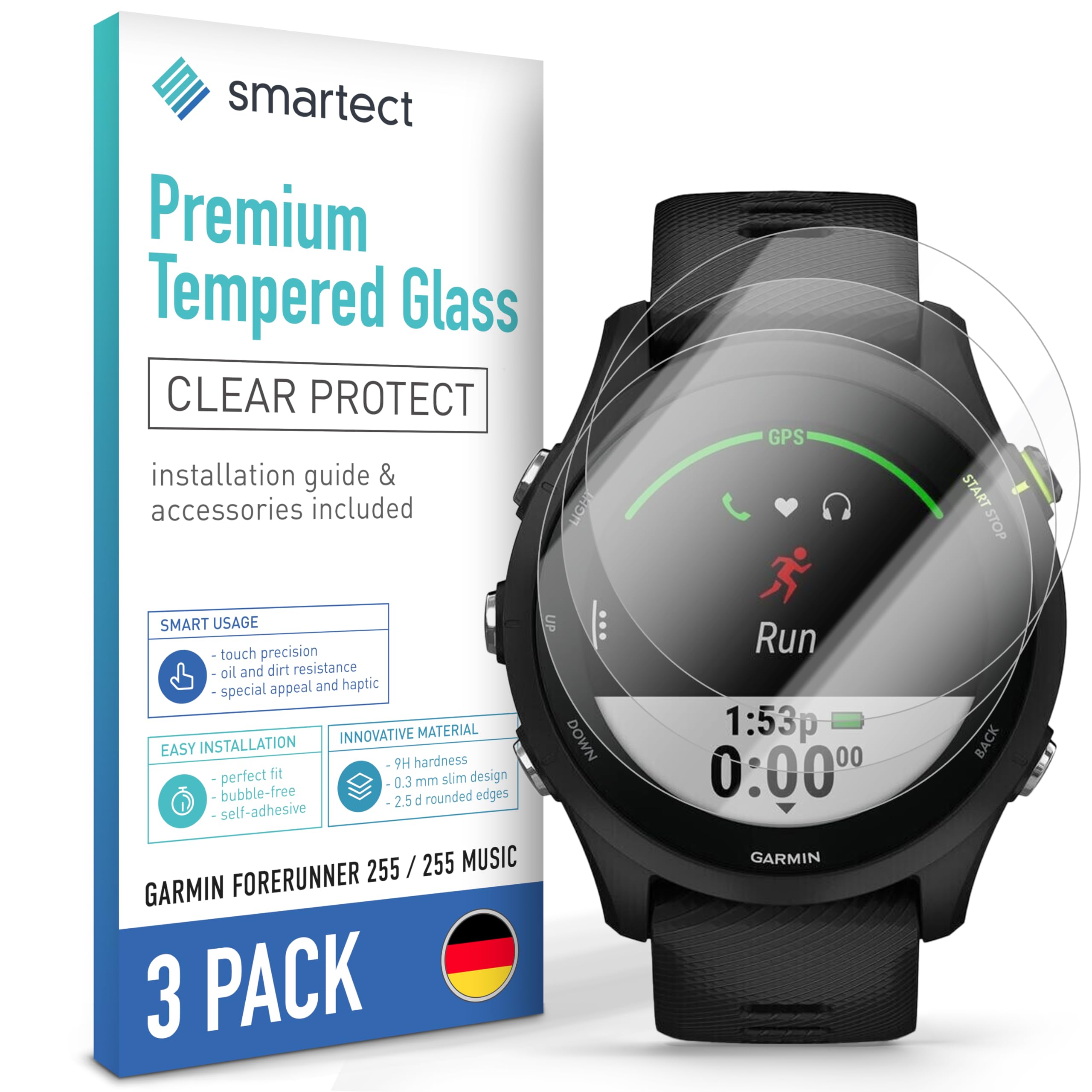 smartect Glass Screen Protector [3 Pieces, Ultra-Clear] for Garmin Forerunner 255/255 Music, HD Protective Film Anti Scratch, Bubble Free, 9H Hardness, Ultra Resistant