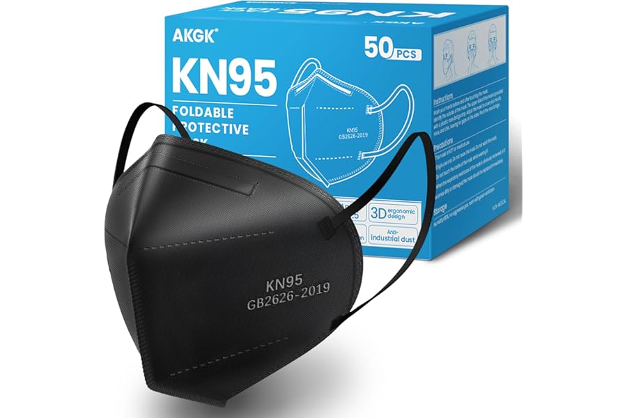akgk KN95 Face Mask 50 PCS, Breathable Protection Masks, 5-Ply KN95 Black Masks, Cup Dust Safety Masks