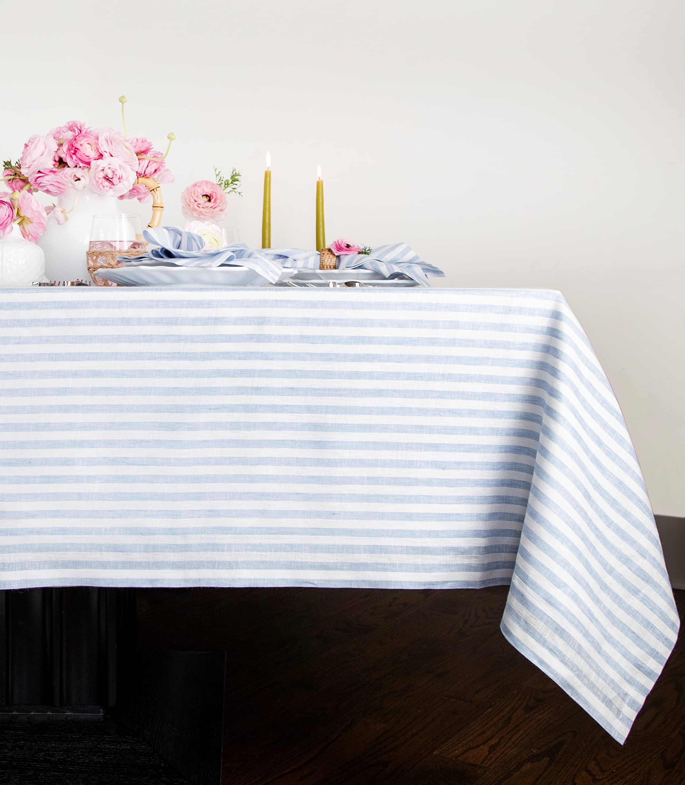 Photo 1 of Solino Home Linen Tablecloth 60 x 120 Inch - Amalfi Stripe 100% Pure Linen Sky Blue and White Table Cloth for Rectangle Tables - Machine Washable Tablecloth for Spring, Easter, Winter, Mothers Day