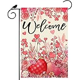 ZAEW Welcome Valentine’s Day Garden Flag Romantic Love Heart Roses Floral Yard Flag 12x18 Inch Double Sided Small Mini Yard Outdoor Outside Holiday Decoration