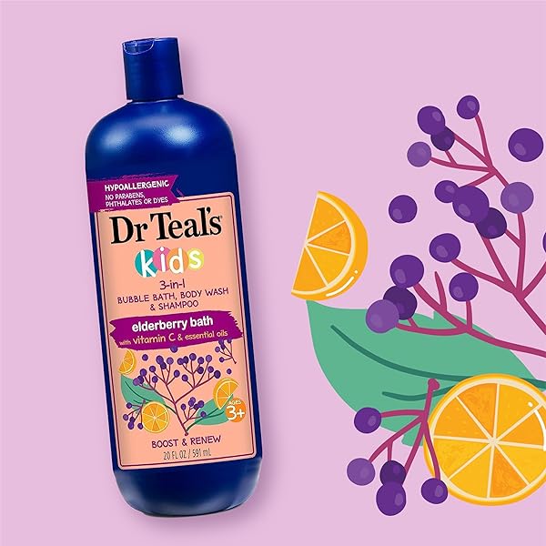 DR TEAL’S KIDS 3-IN-1 ELDERBERRY BATH: BUBBLE BATH, BODY WASH & SHAMPOO, 20 FL OZ.