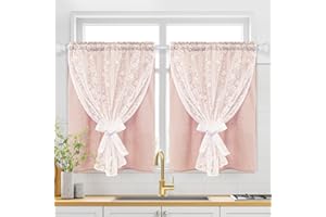 ASPMIZ Linen Pink Kitchen Tier Curtains 36 Inch Length, Double Layered Kitchen Curtain with Linen and Lace, Rod Pocket Window Curtains with Tiebacks, Boho Window Treatments for Bathroom Cafe, 2 Panel