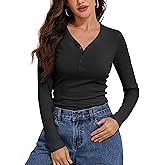PrettyGuide Women's Cotton Long Sleeve Shirts Casual V Neck Henley Tops Slim Fit Fall Basic Tees T Shirt