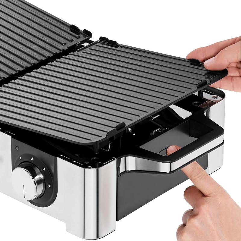 Wmf lono mastergrill, churrasqueira elétrica, 2400 w, superfície antiaderente, regulador de temperatura, 2 placas removíveis, acabamentos em aço inoxidável cromargan, cor prata/preta