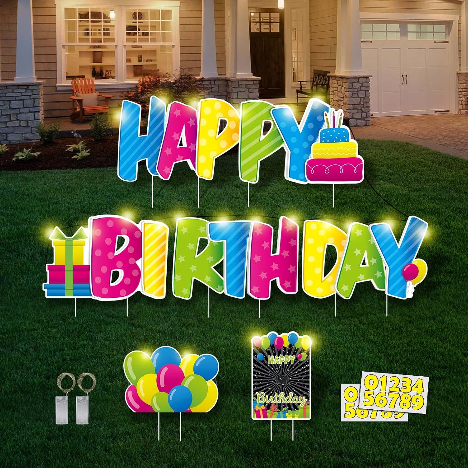 Yard Signs - Happy Birthday Yard Signs with Stakes - 2 x LED Lights and Personalized Signs with 20 Number Stickers - 16