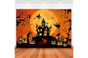 Avezano Halloween Backdrop Horror Moon Night Halloween Backgrounds for Parties Haunted Castle Scary Party Decoration, Orange 7 x 5