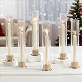 NUPTIO Candlestick Holder with Fluted Hurricane: Set of 6 Metal Candle Holders with Glass Cylinders - Gold Taper Candleholders for Birthday Valentine Wedding Table Centerpiece Outdoor Decor