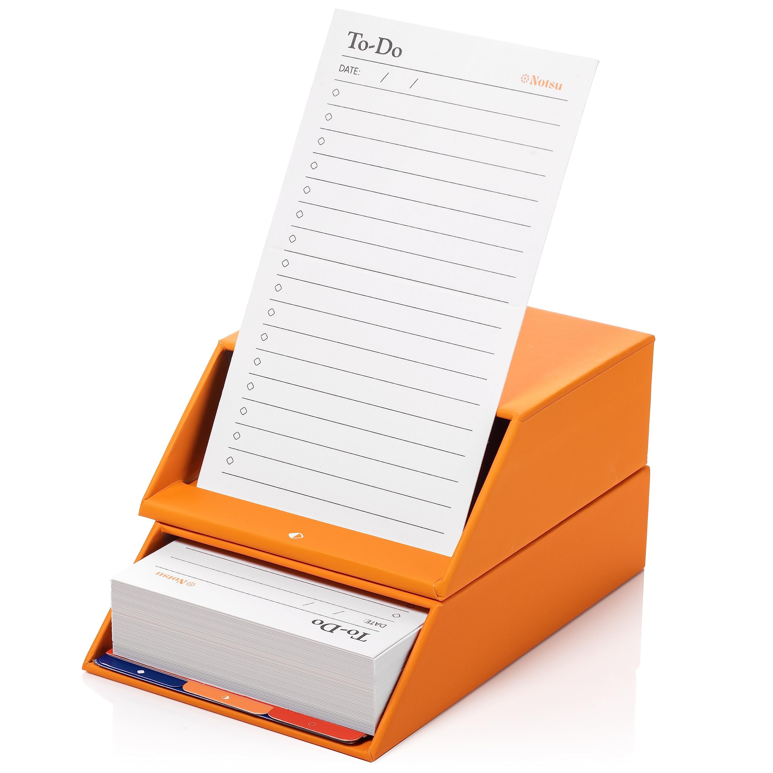 Notsu Centre Rise To Do List Card Planner Box Stand Set | 50 Foldable To-Do Vertical Notecards 3x5, Productivity Index Card Organizer Tab Dividers, Desk Card Holder Stand (Orange)
