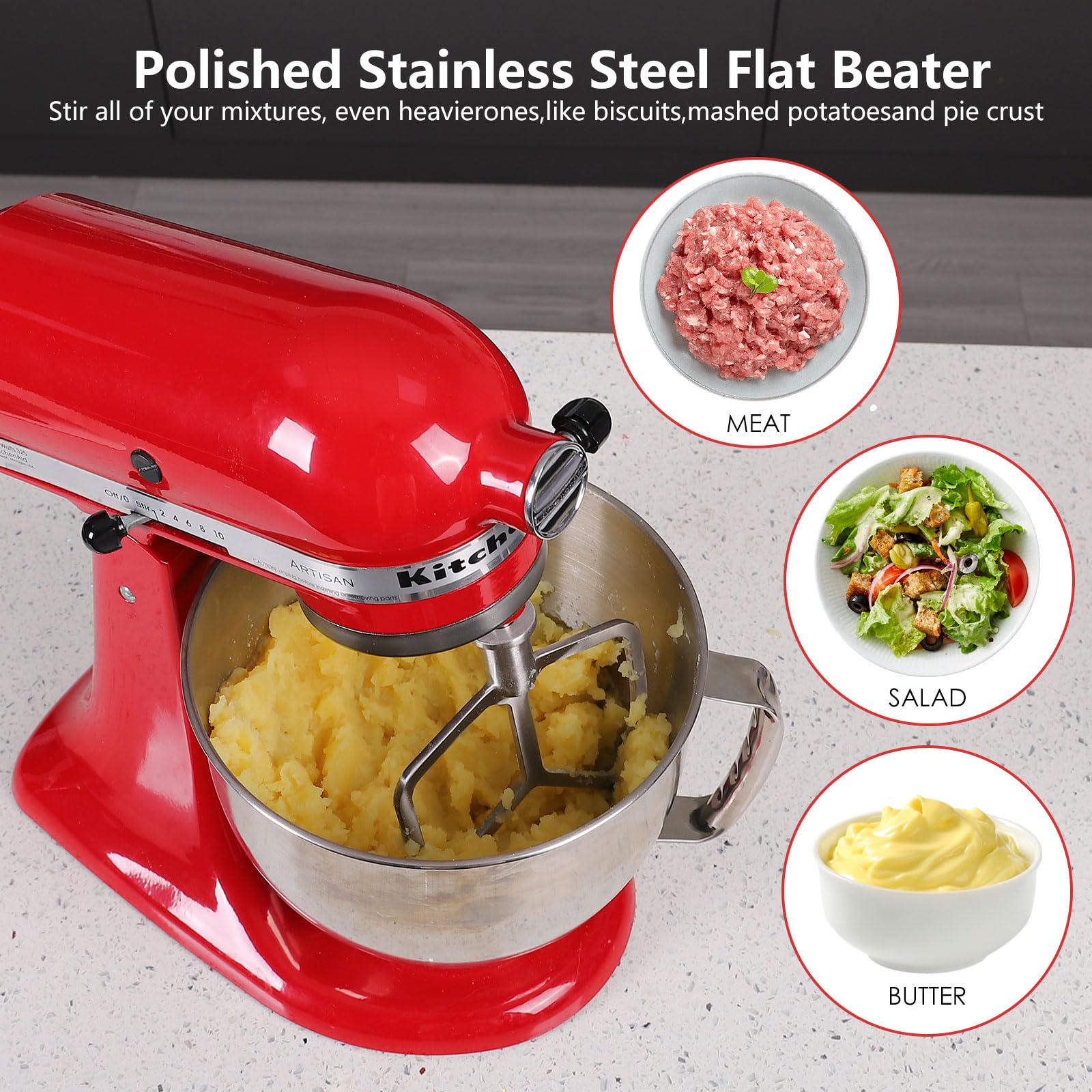 5-6QT Stainless Steel Flat Beater for KitchenAid Stand Mixer, Kitchen Aid Paddle Attachment Accessories/No coating/Dishwasher Safe Replacement for kitchenaid Professional 5 Plus and 600 Series Mixer