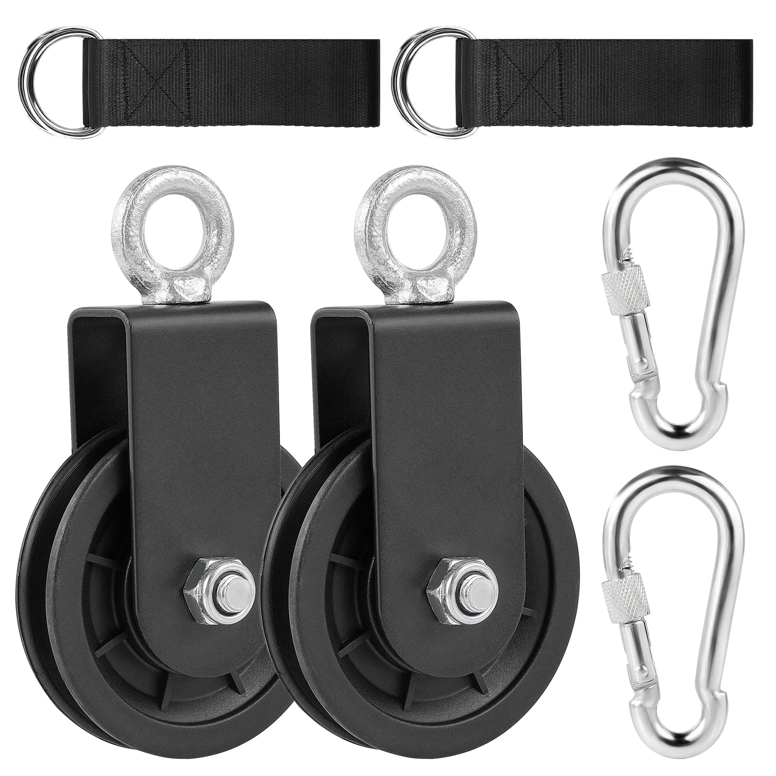 Photo 1 of 2 Pack 3.54 in Cable Pulley 360 Rotation Traction Wheel with Hanging Straps and Carabiner,Silence Smooth Detachable for DIY Gym Pulley System,DIY Gym Attachment Lifting Blocks,Ladder Lift,Hoists