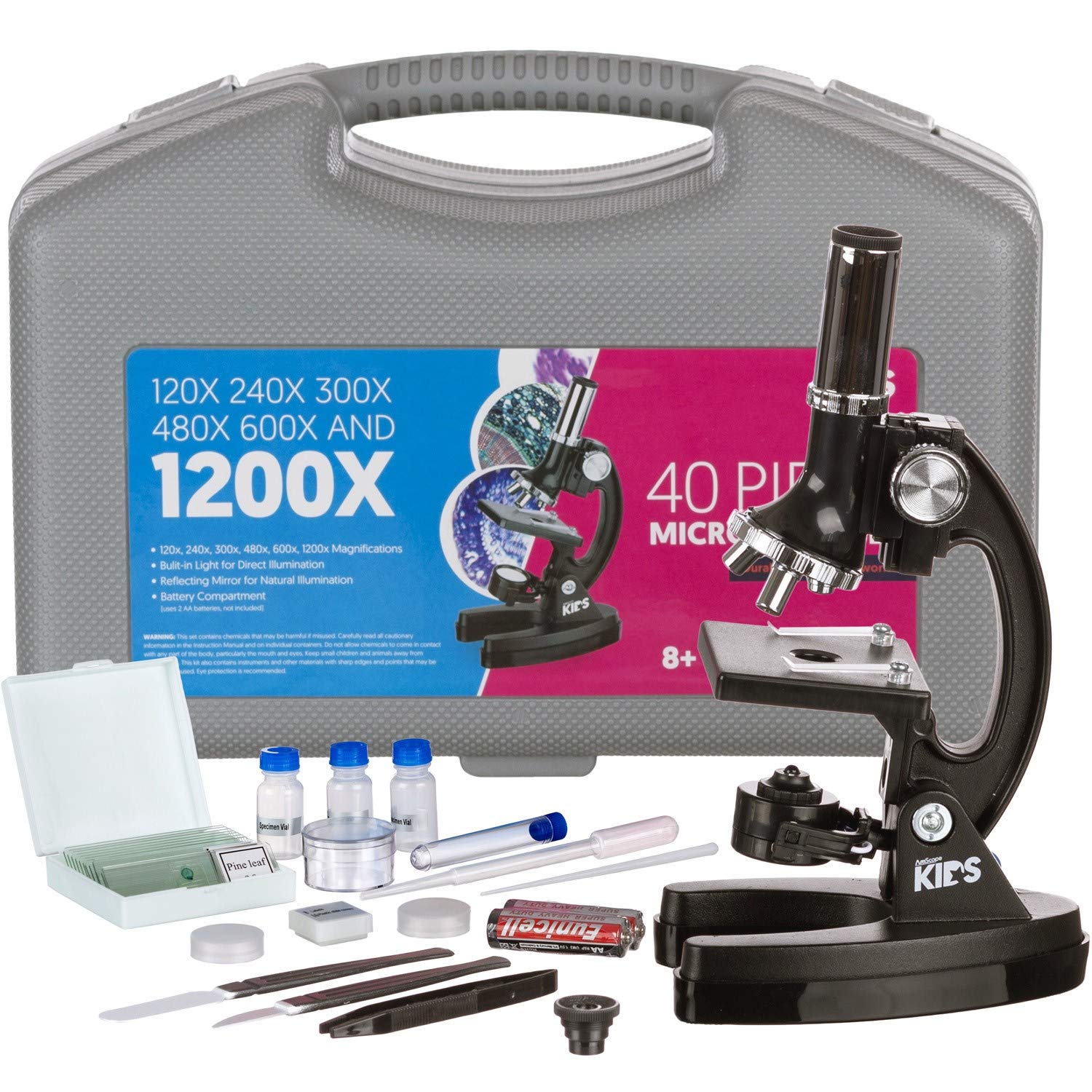 AmScope 120X-300X-240X-480X-600X-1200X Educational Biological Kids Microscope Kit with Metal Arm