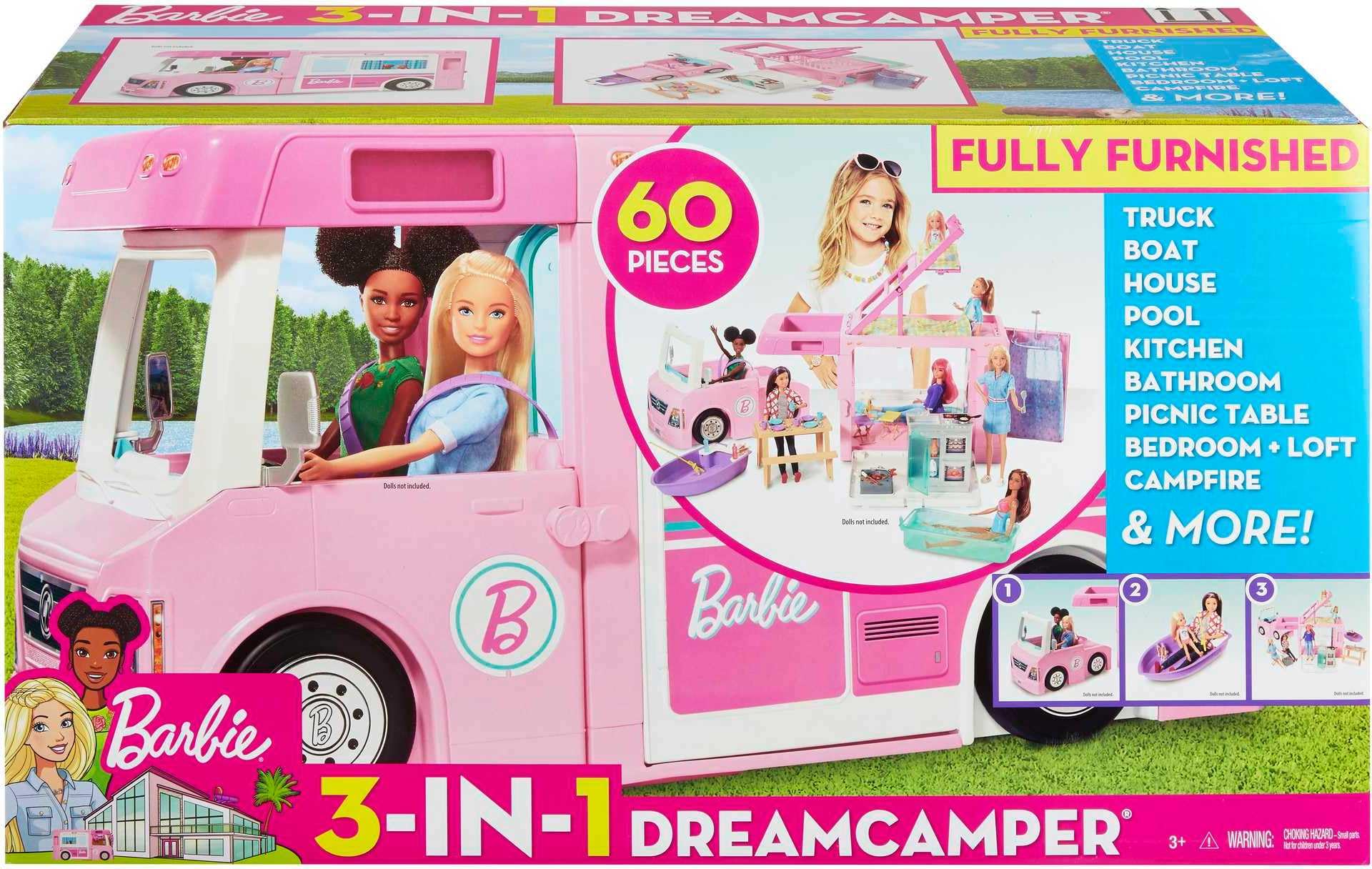 Barbie Camper, Doll Playset with 50 Accessories, Transforms into Truck, Boat & House, Includes Pool, 3-in-1 Dream Camper (Amazon Exclusive)
