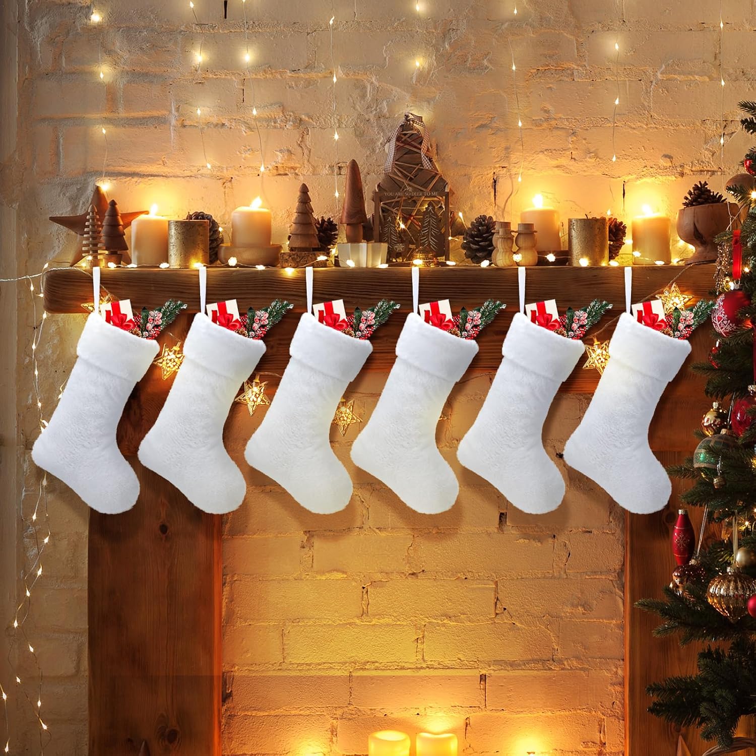 Stockings & Holders - JOVITEC 20 Inch Faux Fur Christmas Stockings Snowy Stocking Xmas Fireplace Hanging Stocking for Holiday Decoration (White, 6 Pieces)