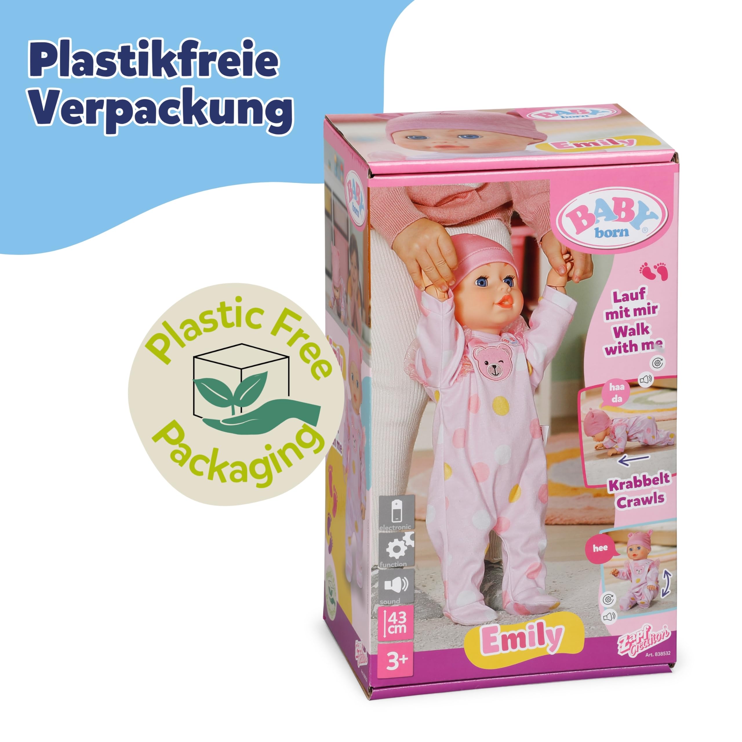 BABY Born Emily Lauf mit Mir - 43 cm Puppe mit elektronischen Funktionen - Krabbel- & Lauflernpuppe mit Soundfunktion - Inkl. rosa Strampler & Mütze - Geeignet für Kinder ab 3 Jahren 8