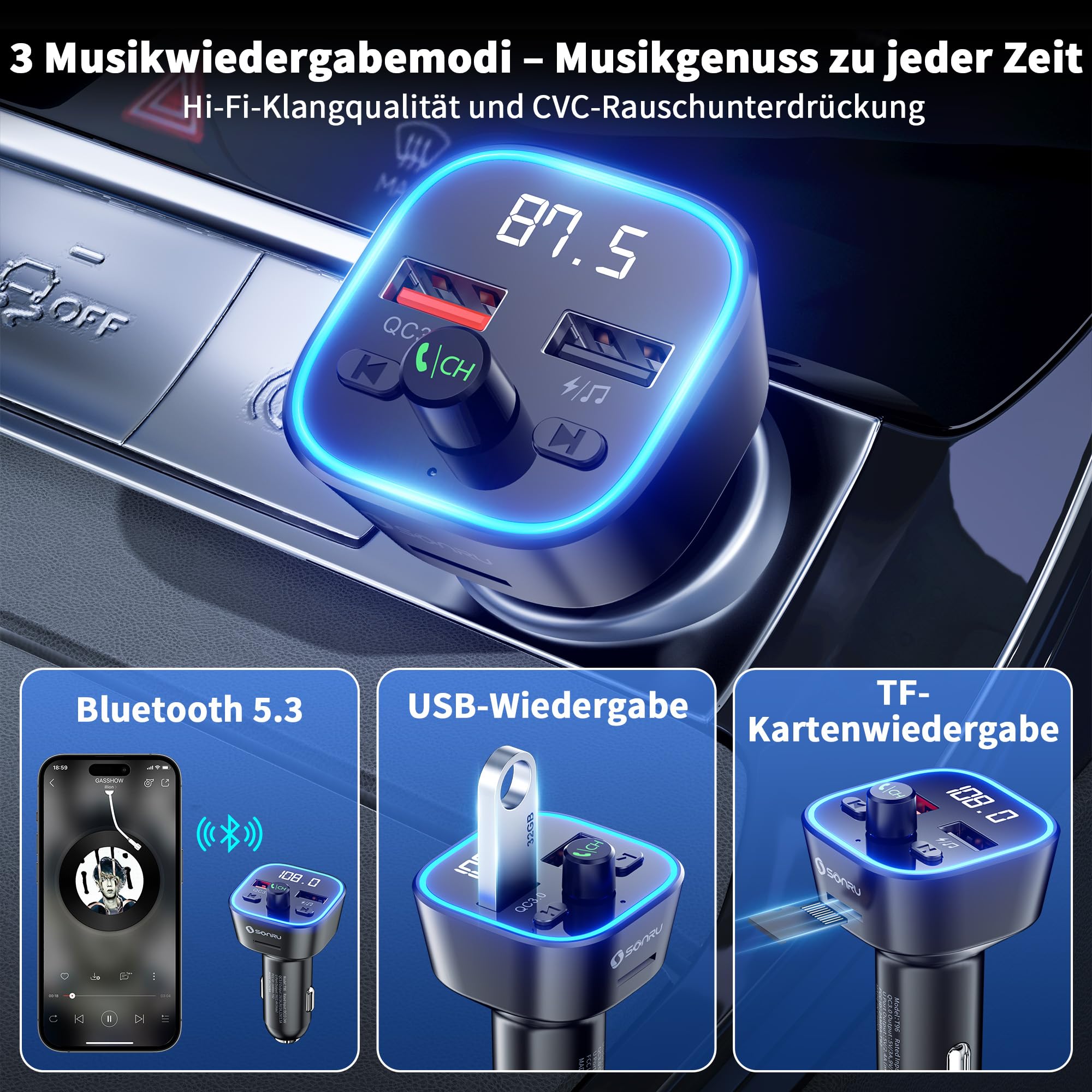 SONRU FM Transmitter Auto Bluetooth 5.3,Musik Adapter für Auto Radio,Car Radio Zigarettenanzünder, Freisprecheinrichtung und Ladegerät mit 2 USB-Anschlüssen, HiFi-Höhen- und Basswiedergabe 3