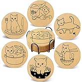 Cegkuc Coasters for Drinks with Holder Set of 6, Cat Cork Coaster Absorbent for Office Desk Cup Table Coasters Kitchen Decor House Warming Gifts for New Home, Round 4"
