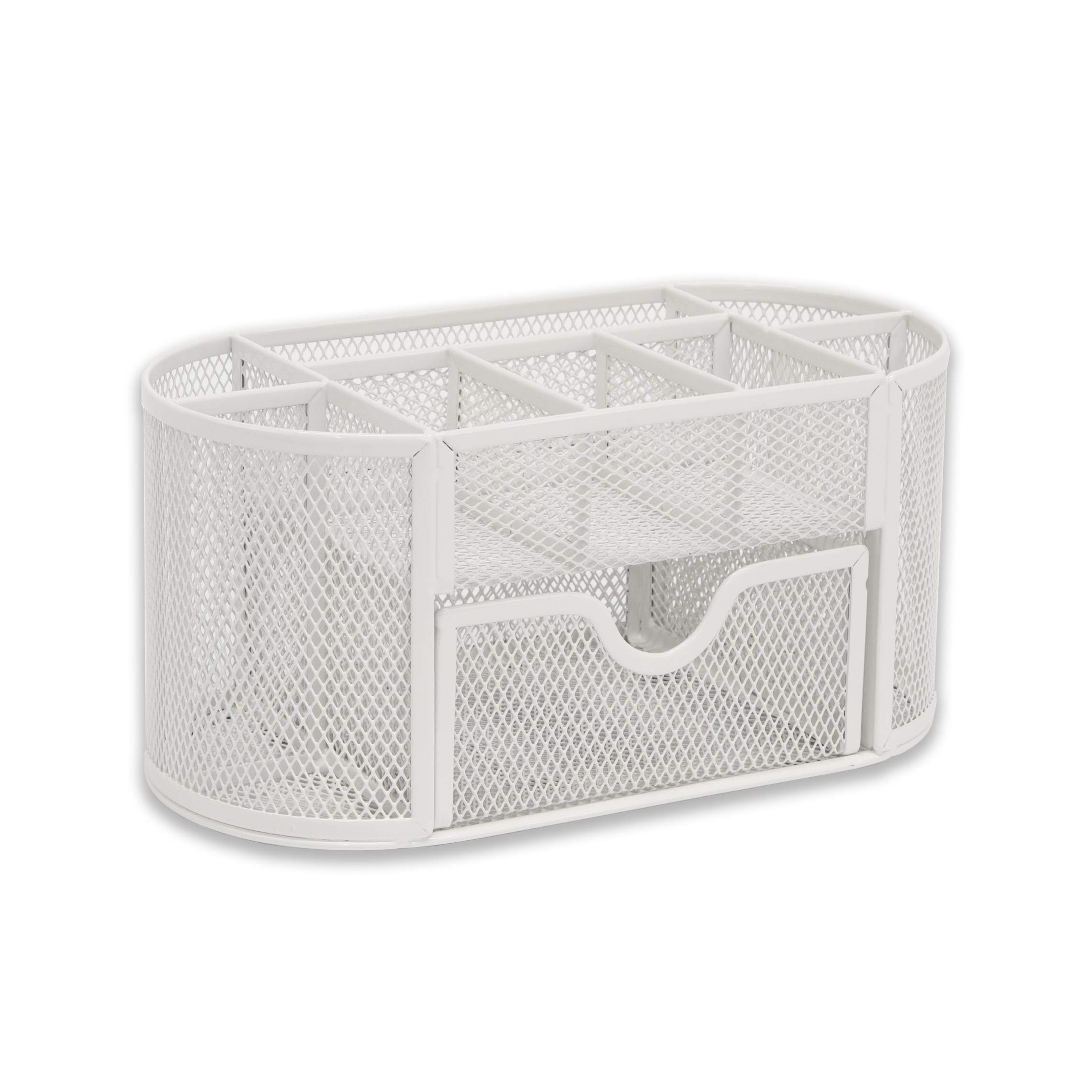 OSCO Wire-Mesh Desk Organiser with Drawer – 8 Compartment Metal Mesh Desk Tidy & Office Storage Pen Holder for Home, Office, Study, Rulers, Scissors, Smartphone – White