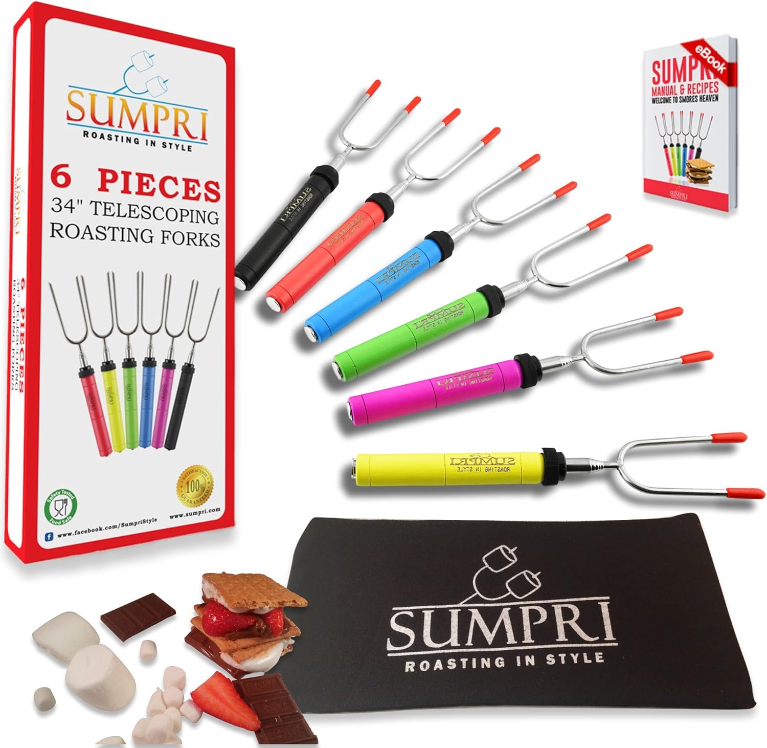 SUMPRI Marshmallow Roasting Sticks, Smores Skewers Telescoping Rotating Forks Set of 6 Hot Dog Fire Pit Outdoor Fireplace Campfire Accessories-6 Multicolored 34 Inch Extendable Steel Fork Camping Kit : Garden & Outdoor