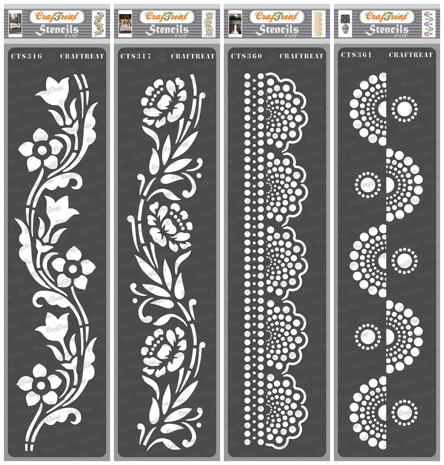 CrafTreat Reusable Flower Border Stencils for Painting on Wood, Canvas, Paper, Floor and Wall - Border XII, Border XIII, Dot Border I and Dots Border II - 4 Pcs - 3x12 Inch Each - DIY Craft Stencils