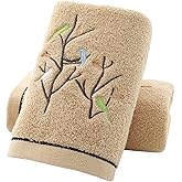Pidada Hand Towels Set of 2 Embroidered Bird Tree Pattern 100% Cotton Absorbent Soft Decorative Towel for Bathroom (Brown)